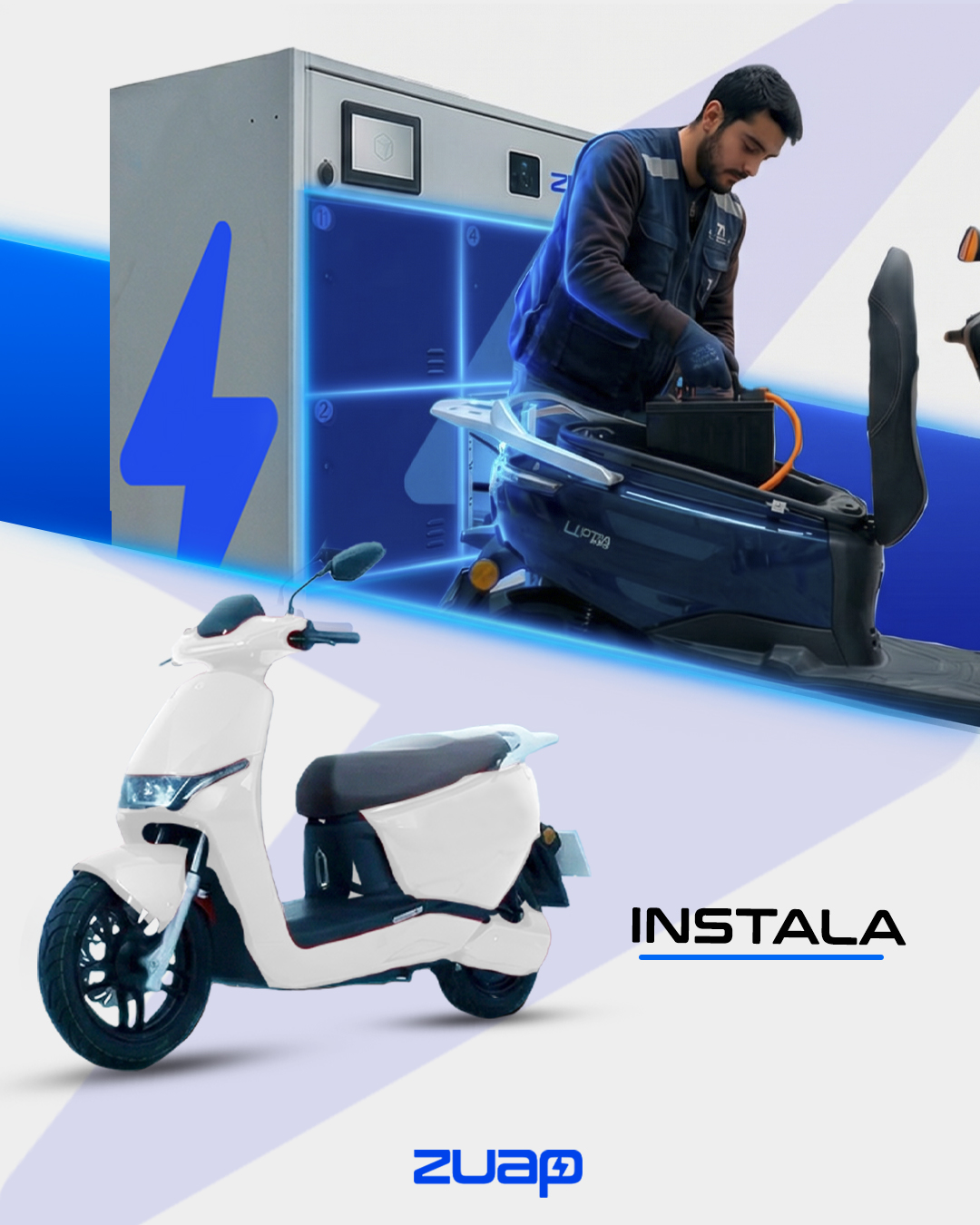 Instalación de batería cargada en moto ZUAP